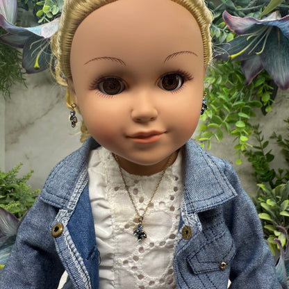 Blue Rhinestone Gold Tone Dangle Doll Earrings and Necklace Set • 18 Inch Fashion Doll Jewelry