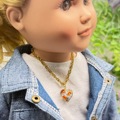 Orange Blue White Swirl Glass Heart Pendant Gold Chain Doll Necklace • 18 Inch Fashion Doll Jewelry