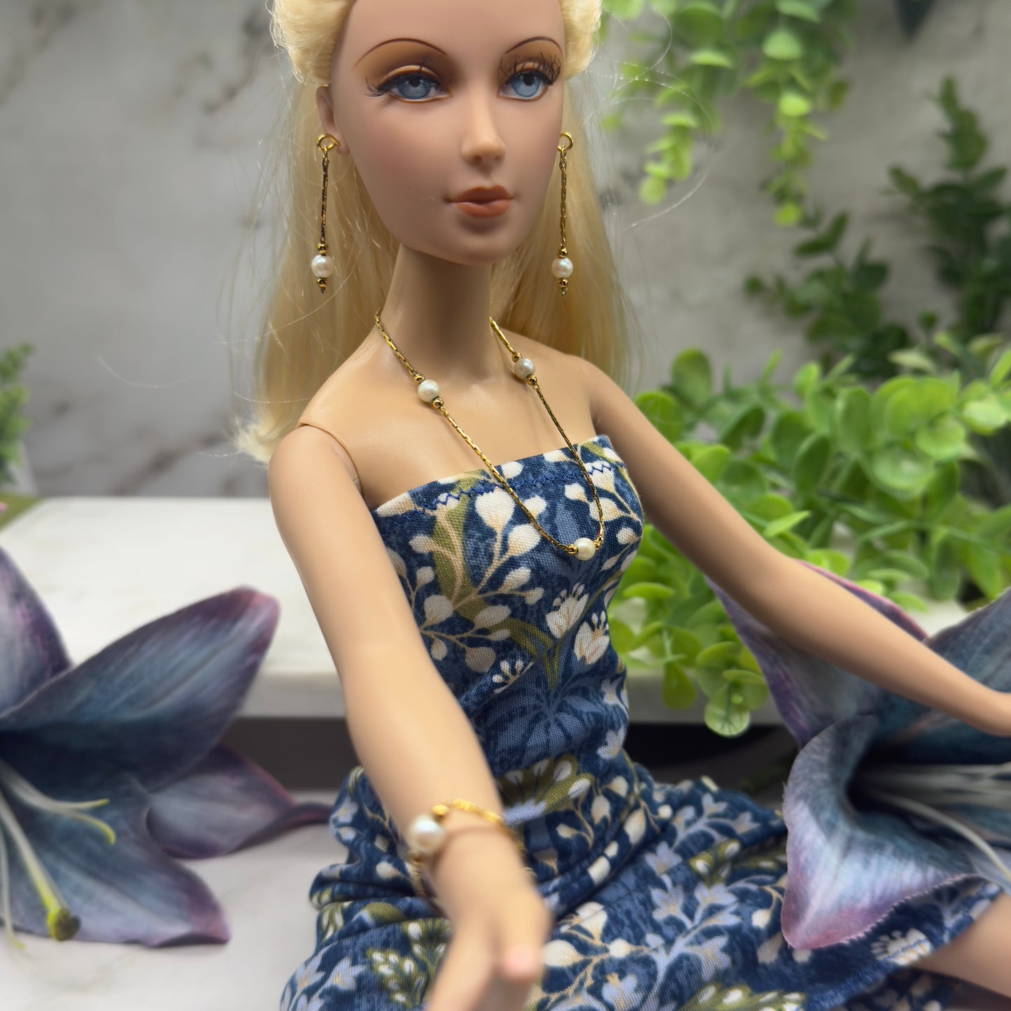 Pearl Gold Serpentine Chain Doll Necklace Earring Bracelet Set • 16 Inch Fashion Doll Jewelry