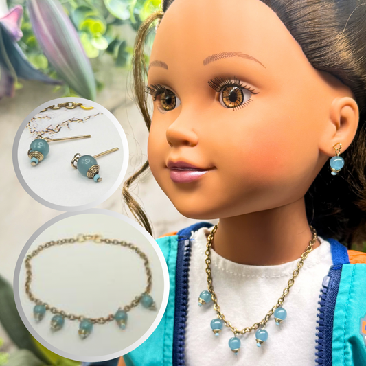 Dusty Blue Dangle Doll Necklace & Earrings Set • 18 Inch Fashion Doll Jewelry