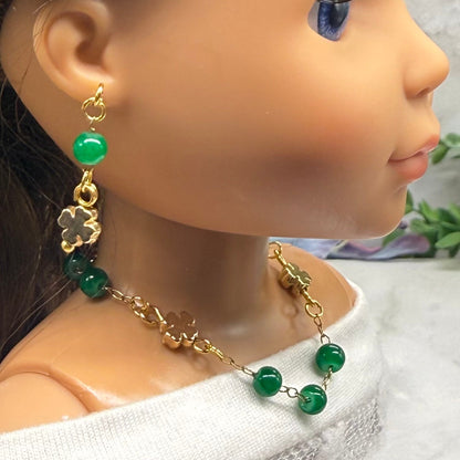 Green Beaded Gold Four- Leaf Clover Charms Doll Necklace & Earrings • 14 Inch Fashion Doll Jewelry