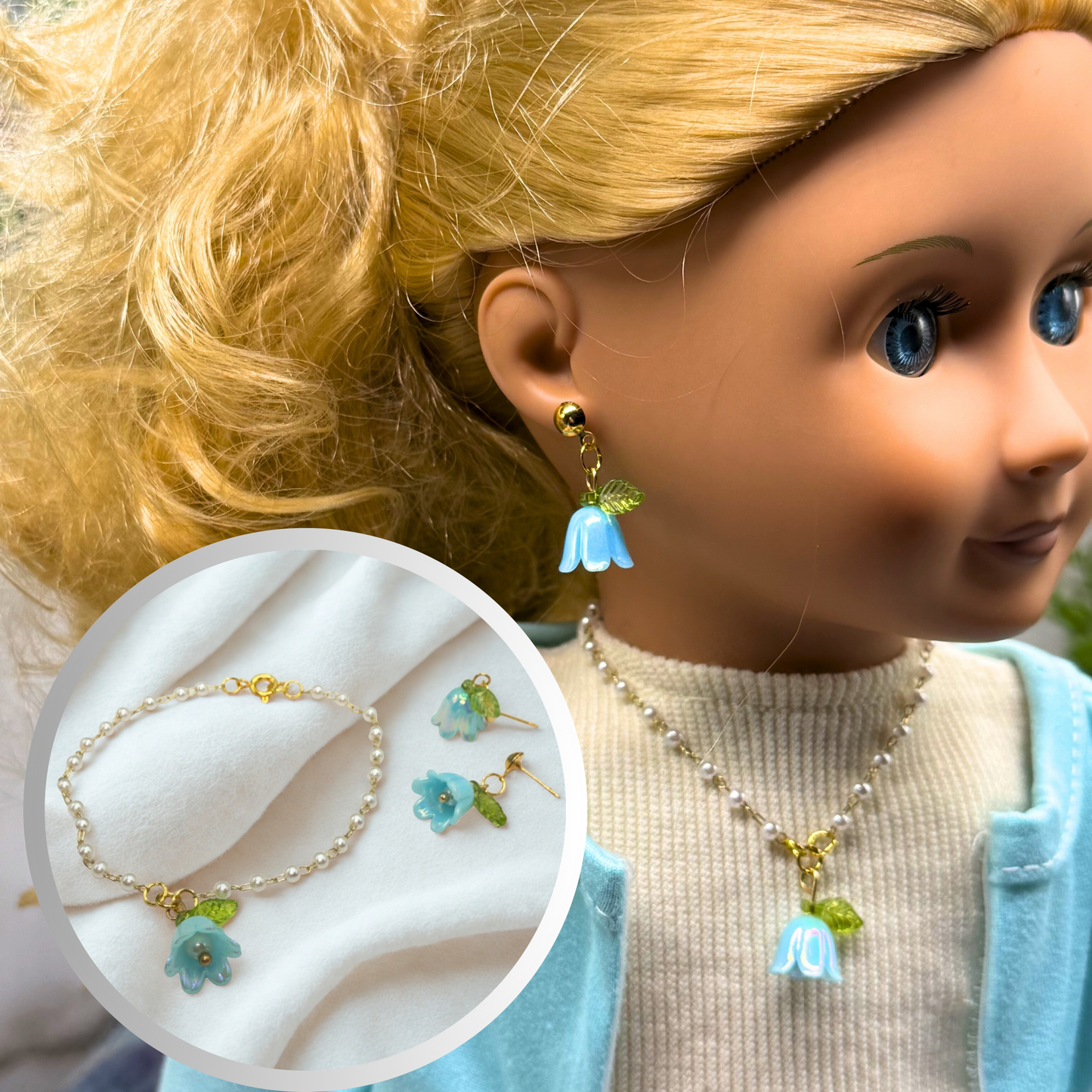 Turquoise Blue Bell Flower Lily of Valley Charm Pearl Beaded Doll Necklace & Earrings • 18 Inch Fashion Doll Jewelry