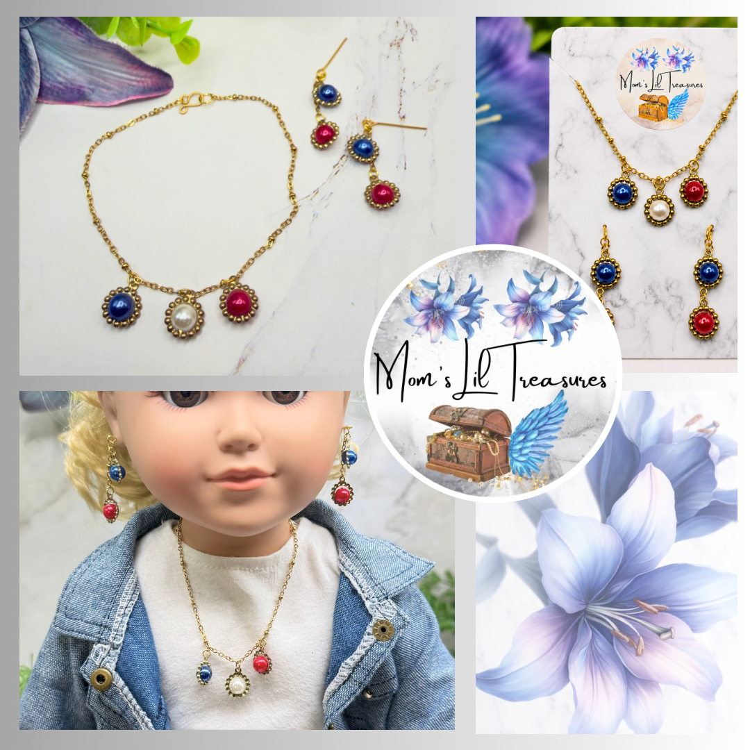 Red White Blue Pearl Dangle Gold Doll Necklace & Earrings Set for 18 Inch Fashion Doll