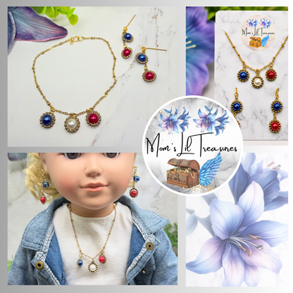 Red White Blue Pearl Dangle Gold Doll Necklace & Earrings Set for 18 Inch Fashion Doll