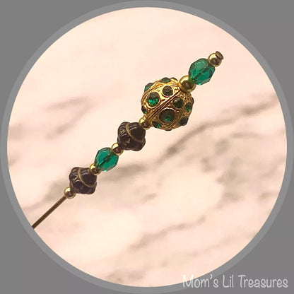 Green Glass Crystal Gold Ball Rhinestone Accents - 8” • Hatpin - Stick Pin