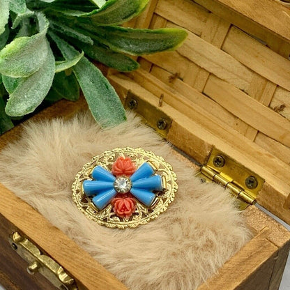 Gold Tone Oval Filigree Blue & Coral Rose Accents Pin • Doll Brooch