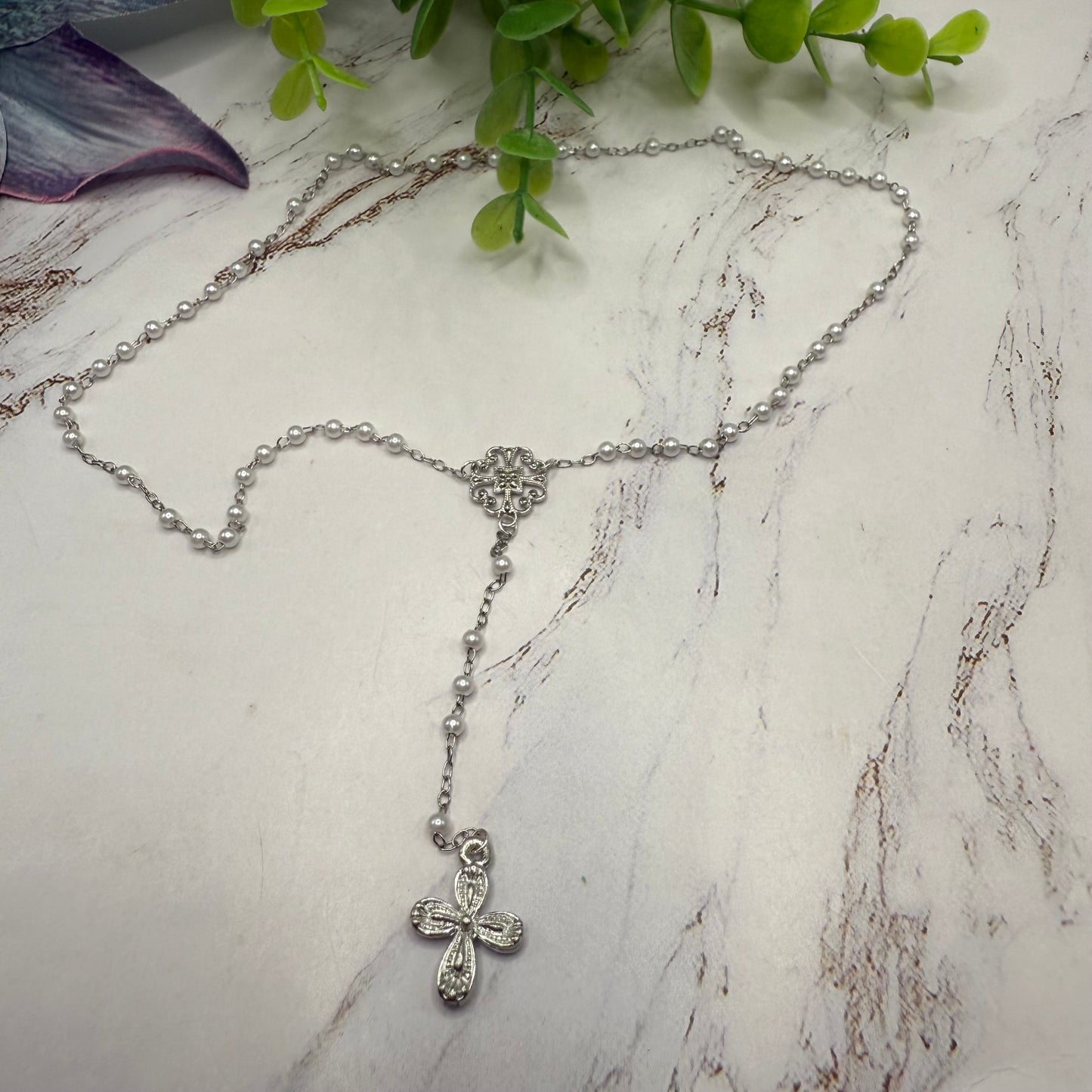 White Pearl Silver Chain & Cross • Doll Size Catholic Rosary for 18-22” Fashion or Vintage Dolls