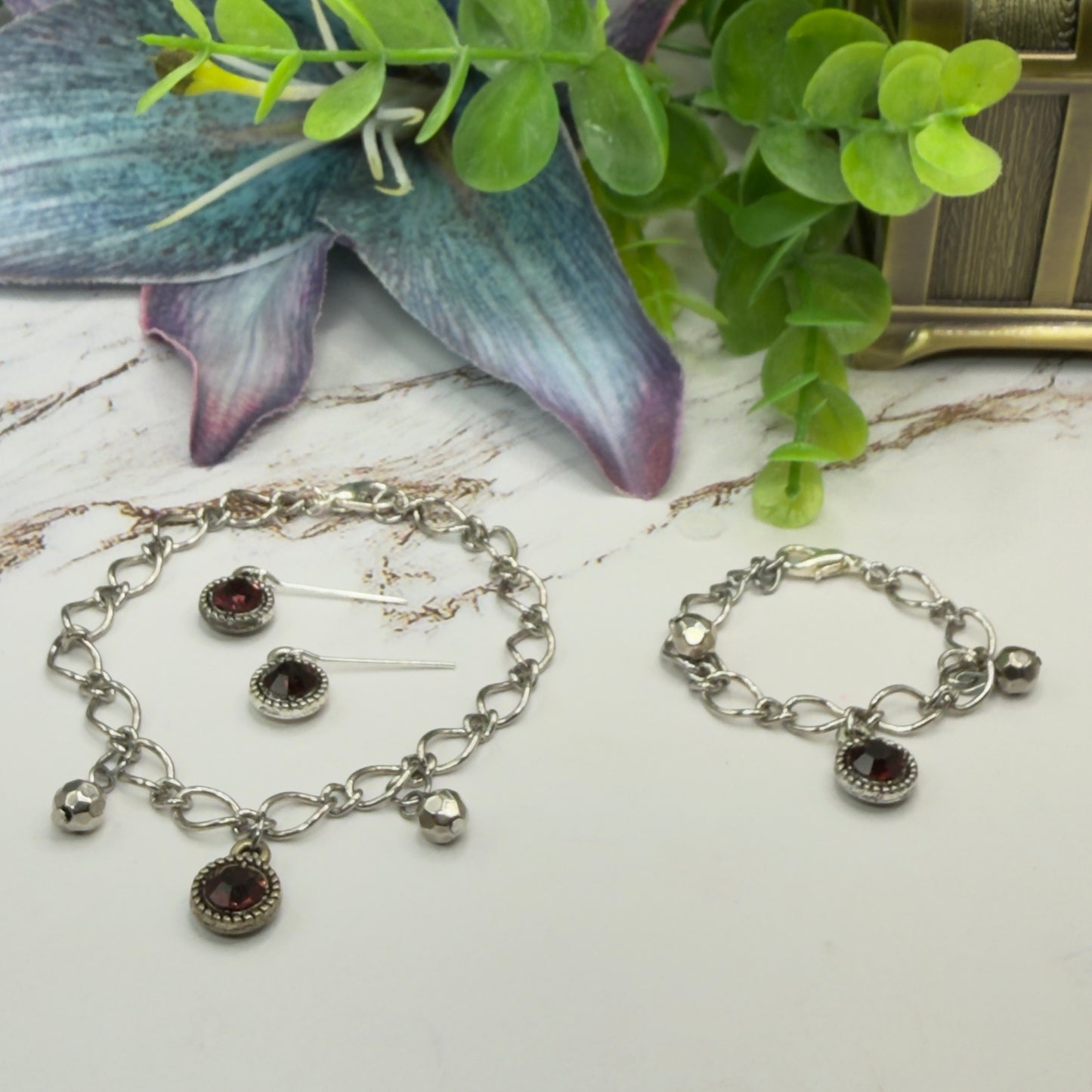 Purple Rhinestone Round Dangle Doll Necklace Bracelet & Earrings Set • 18 Inch Fashion Doll Jewelry