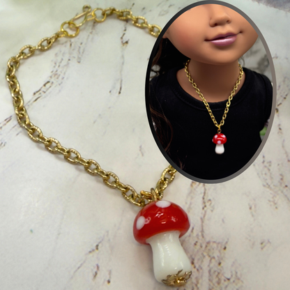 Red White Glass Mushroom Pendant Doll Necklace • 18 Inch Fashion Doll Jewelry