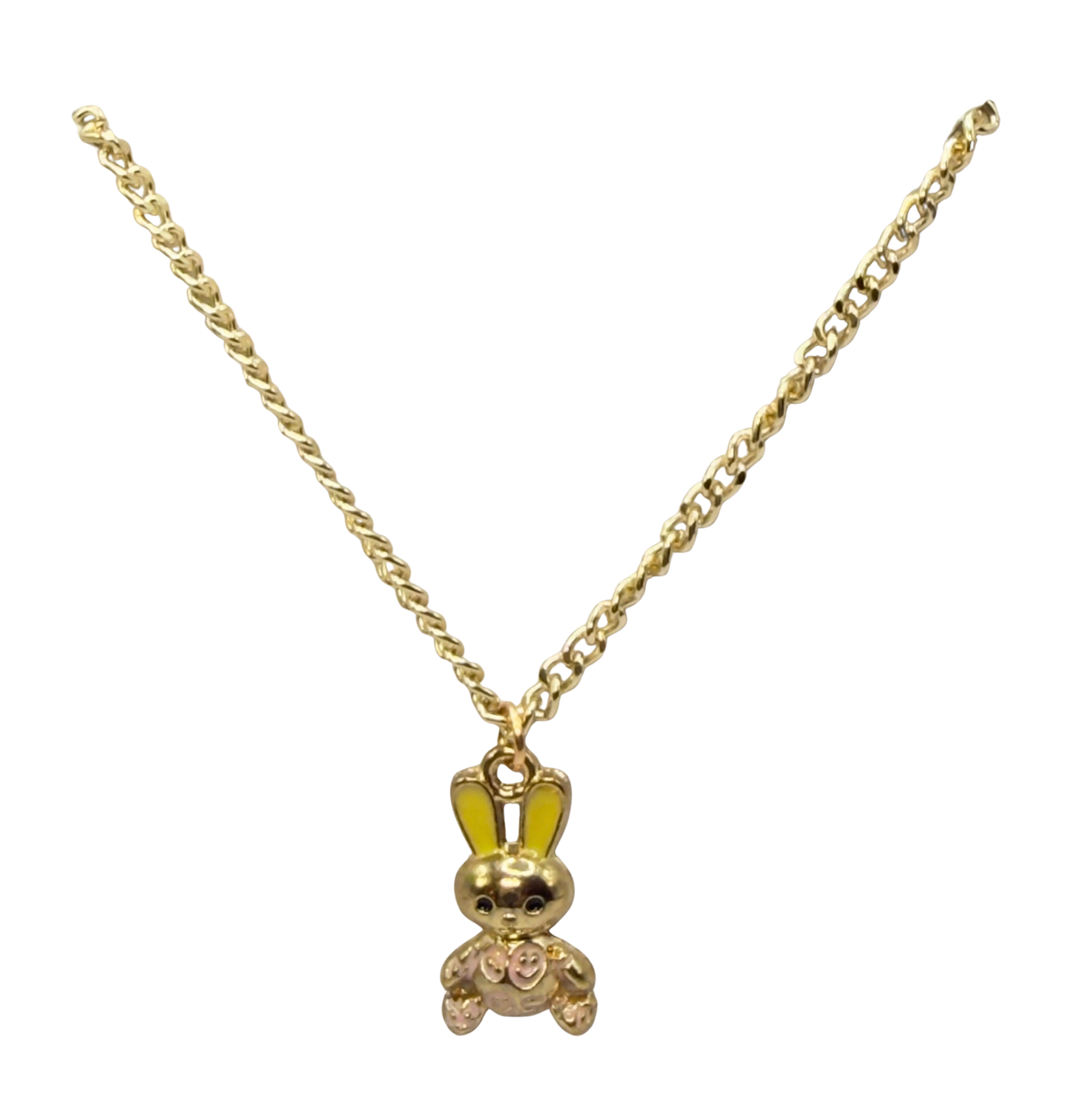 Bunny Yellow & Pink Enamel Detail Charm Doll Necklace Easter • 18 Inch Fashion Doll Jewelry
