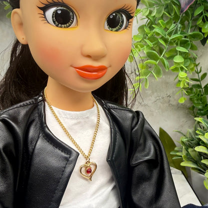 Open Work Gold Heart Red Rhinestone Pendant Doll Necklace • 18 Inch Fashion Doll Jewelry