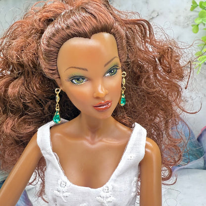 Green Teardrop Rhinestone Clear Crystal Dangle Doll Earrings • 16 Inch Fashion Doll Jewelry