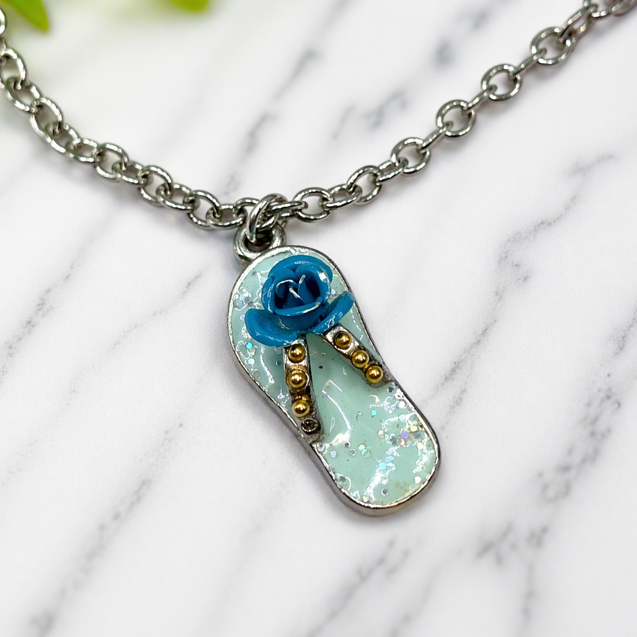Blue Flip Flip Sandal Rose Accent Charm Silver Doll Necklace for 18 Inch Fashion Doll Jewelry