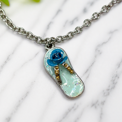 Blue Flip Flip Sandal Rose Accent Charm Silver Doll Necklace for 18 Inch Fashion Doll Jewelry