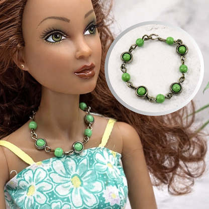 Green Glass Bead Silver Link Doll Necklace • 16 Inch Fashion Doll Jewelry