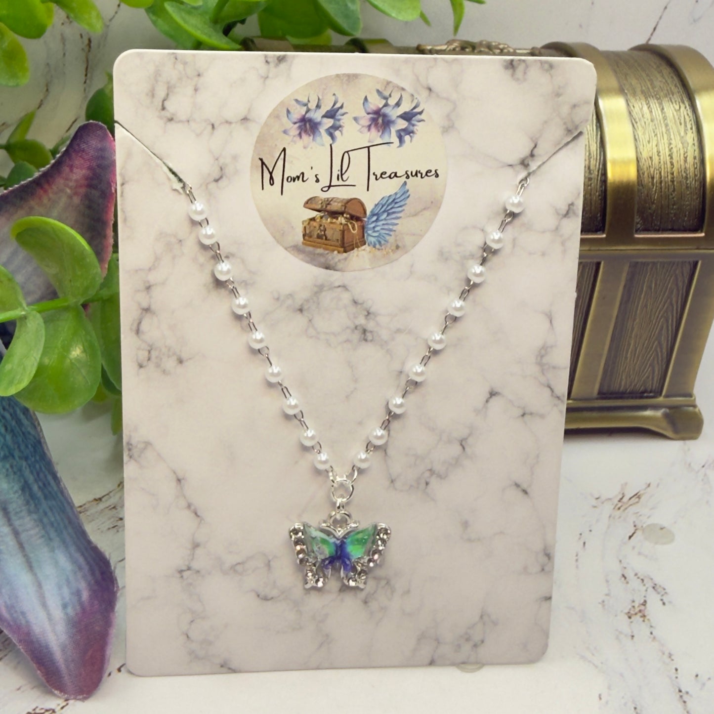 Turquoise Green Blue Butterfly Charm Pearl Beaded Doll Necklace • 18 Inch Fashion Doll Jewelry