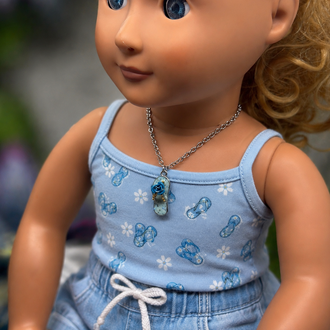 Blue Flip Flip Sandal Rose Accent Charm Silver Doll Necklace for 18 Inch Fashion Doll Jewelry