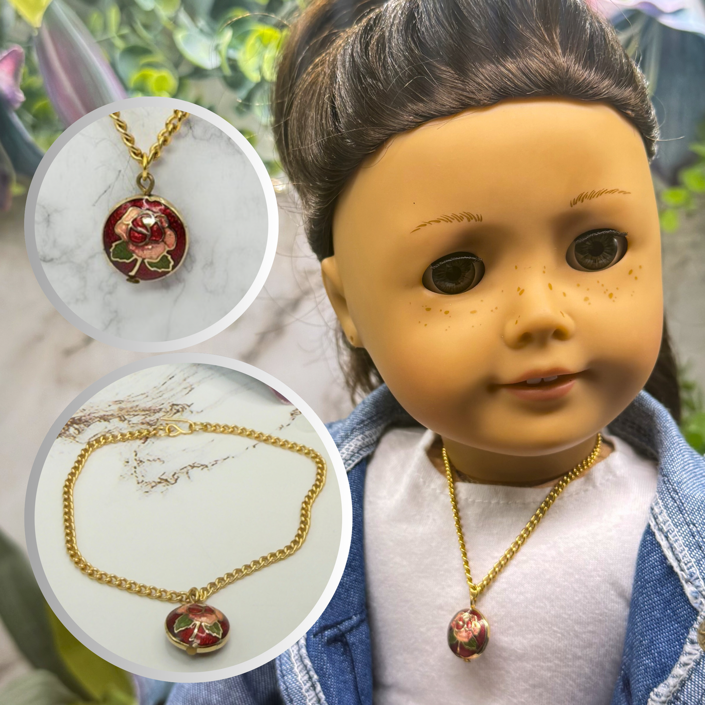 Burgundy Rose Design Round Cloisonné Pendant Doll Necklace • 18 Inch Fashion Doll Jewelry