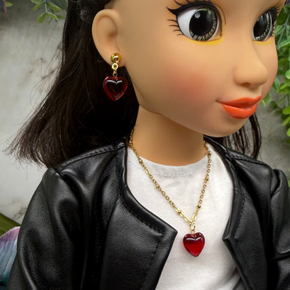 Burgundy Red Heart Charm Gold Chain Doll Necklace & Earrings Set • 18 Inch Fashion Doll Jewelry