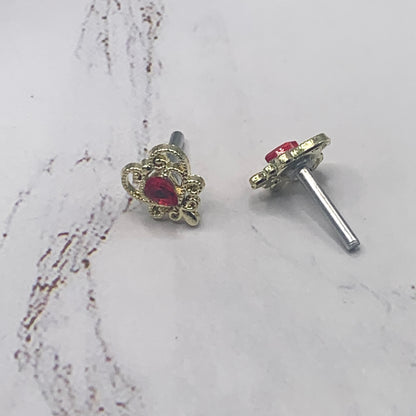 Gold Filigree Heart Red Rhinestone Doll Earrings 2mm Post fit 18” American Girl