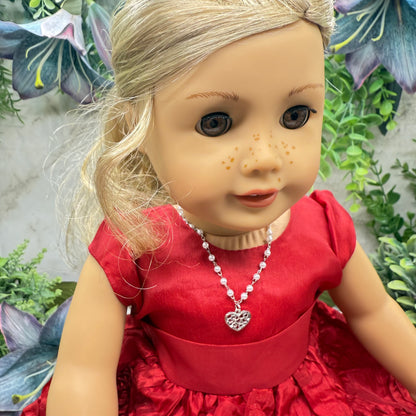 Silver Filigree Heart Charm Pearl Beaded Doll Necklace • 18 Inch Fashion Doll Jewelry