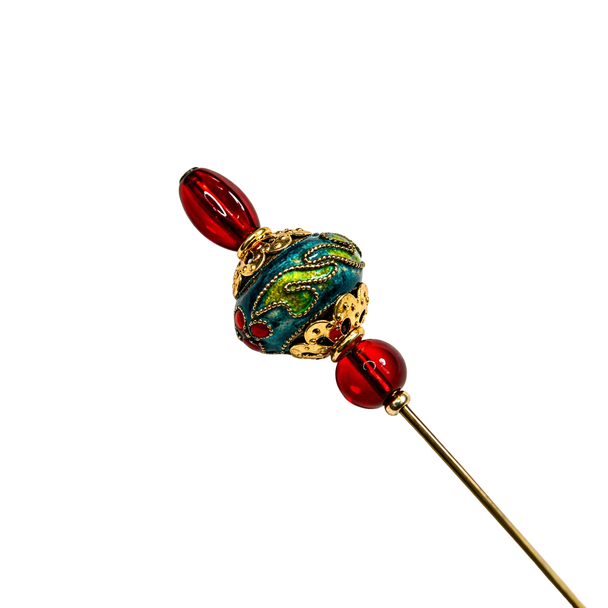 Red Lucite Blue Green Cloisonné Floral Design Gold Filigree Hatpin • 6 Inch