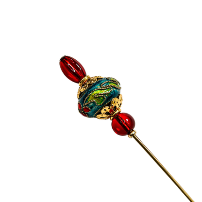 Red Lucite Blue Green Cloisonné Floral Design Gold Filigree Hatpin • 6 Inch