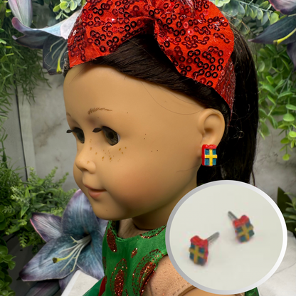Christmas Gift Present Red Green Post Doll Earrings • 2mm Post for 18 Inch Fashion Doll