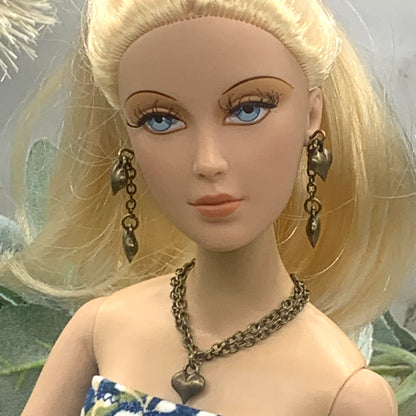 Bronze Heart Charm Chain Dangle Doll Necklace Earring Set • 16” Doll Jewelry