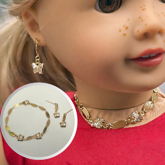 Gold Oval Link Clear Acrylic Crystal Butterfly Charm Doll Necklace & Earrings • 18 Inch Fashion Doll Jewelry