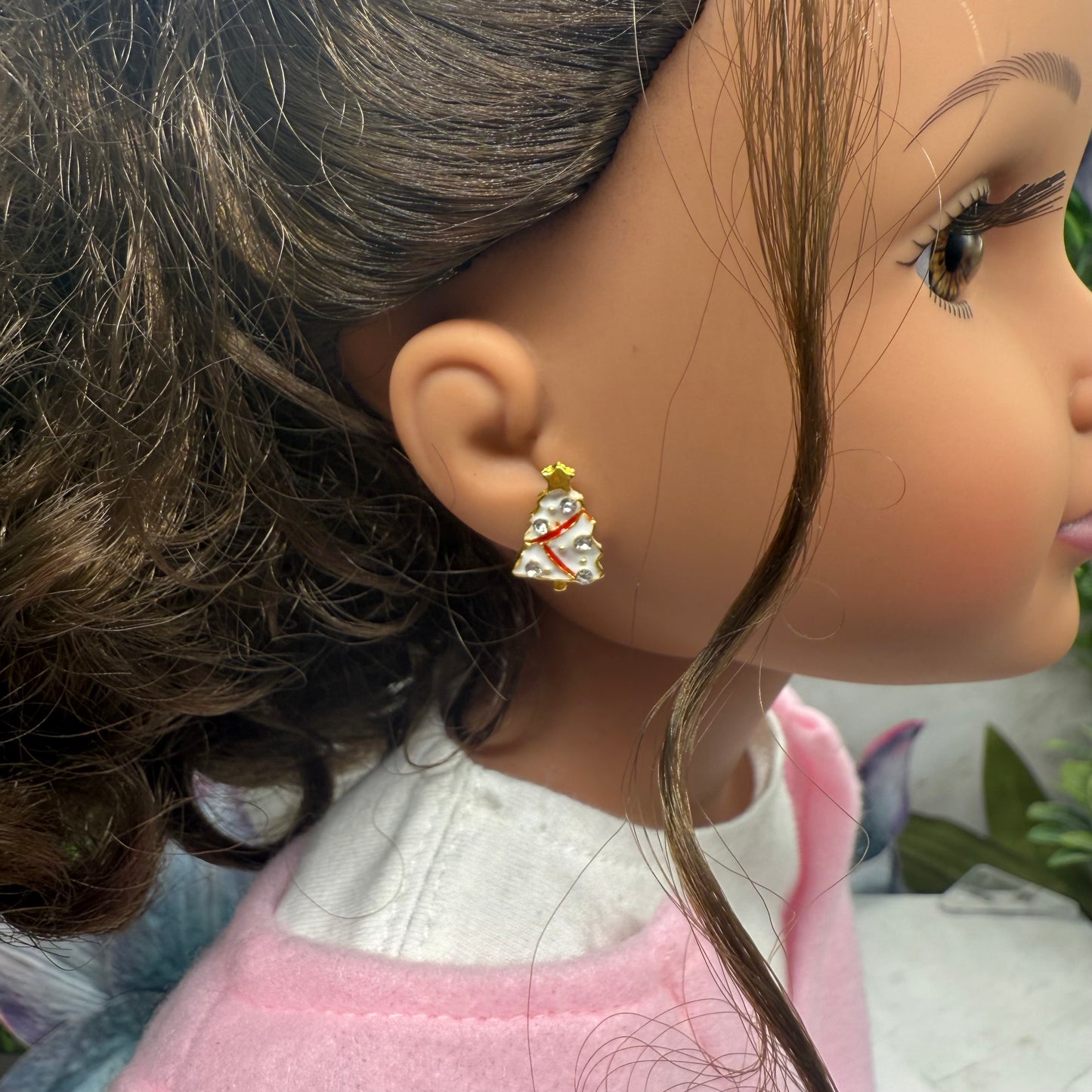 White Christmas Tree Gold Post Doll Earrings • 18 Inch Fashion Doll Jewelry