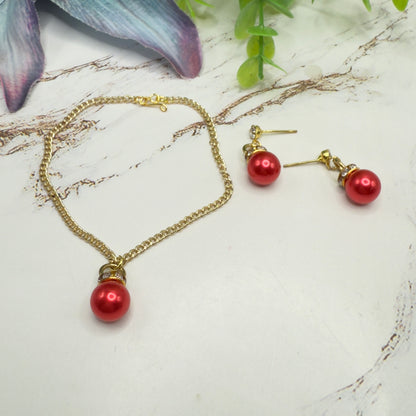 Red Pearly Christmas Ornament Charm Doll Necklace & Earrings Set • 18 Inch Fashion Doll Jewelry