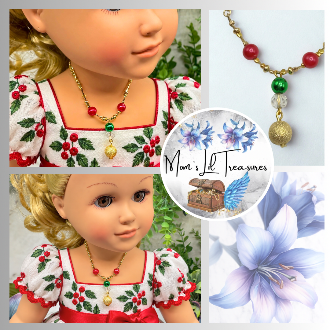 Red Green Christmas Pearl Bead Gold Chain Doll Necklace • 18 Inch Fashion Doll Jewelry