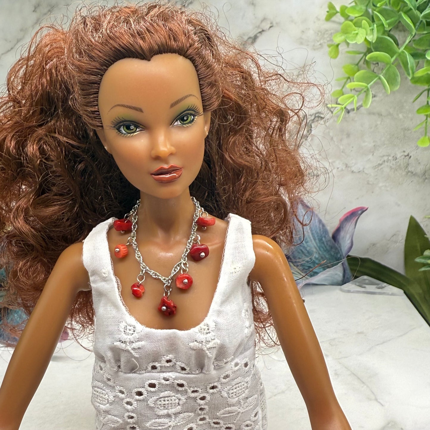 Red Stone Dangles Silver Chain Doll Necklace • 16 Inch Fashion Doll Jewelry