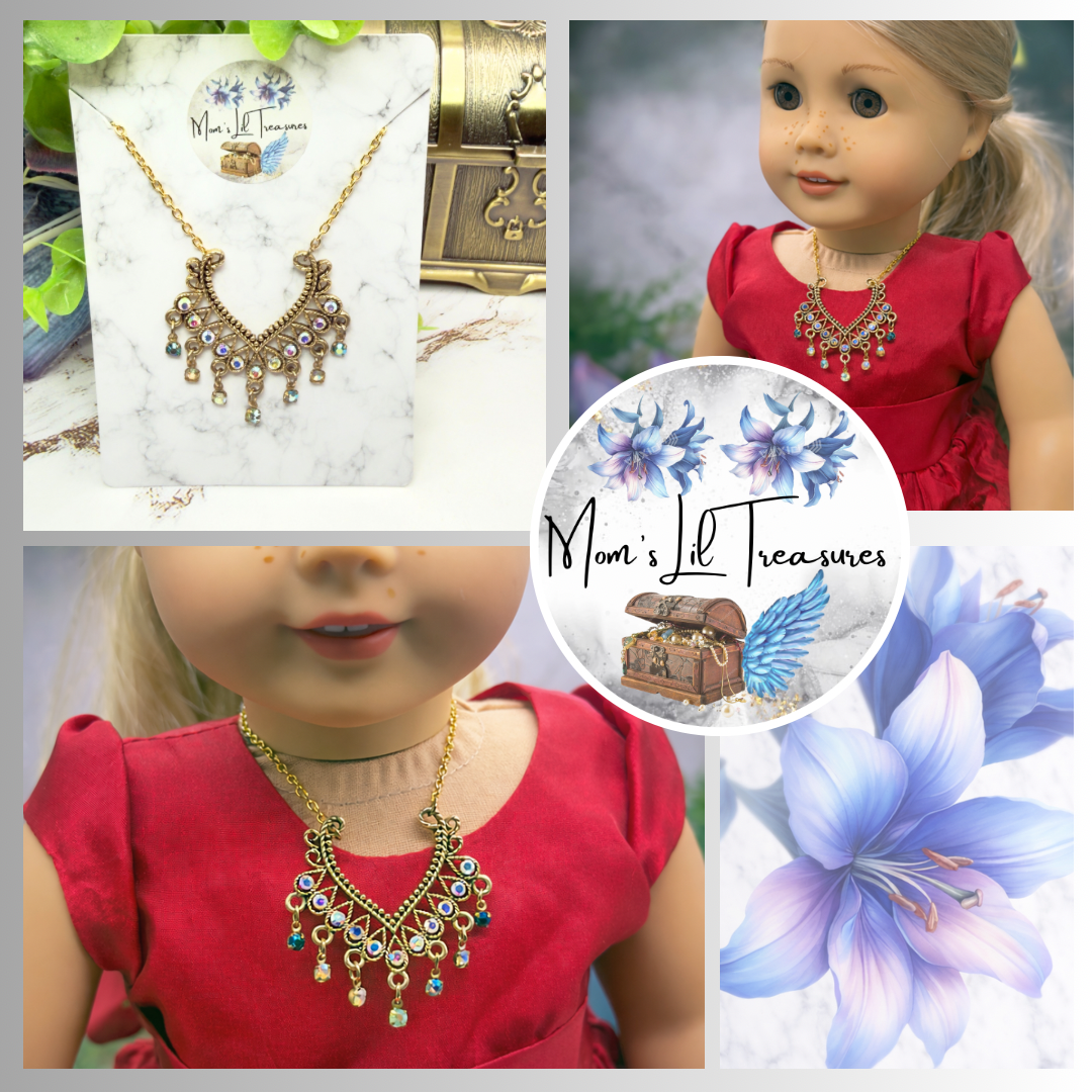 Collar-style Pendant Dangle Aurora Borealis Rhinestone Gold Chain Doll Necklace • 18 Inch Fashion Doll Jewelry