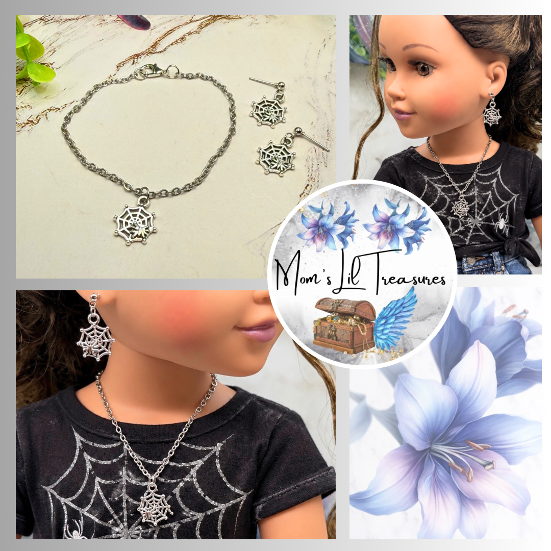 Silver Spider Web Halloween Necklace and Earrings Set | for 18 Inch Fashion Doll