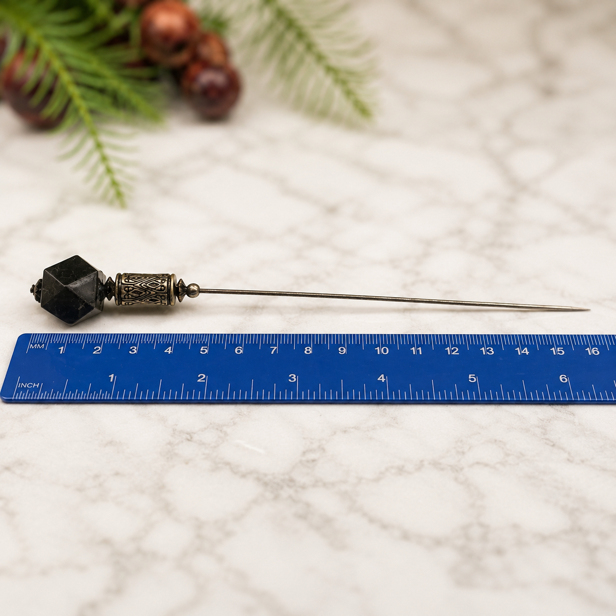 Black Acrylic Octagon Silver Tone Cylinder Design - 6” Pin • Hatpin - Stick Pin