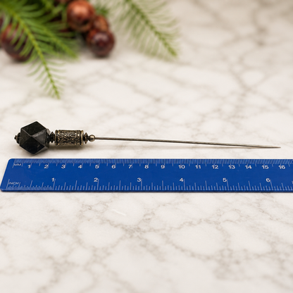Black Acrylic Octagon Silver Tone Cylinder Design - 6” Pin • Hatpin - Stick Pin