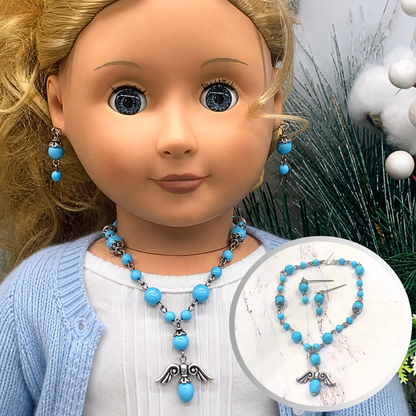 Blue Glass Bead Silver Angel Wings Pendant Necklace Earring Set • 18” Doll Jewelry