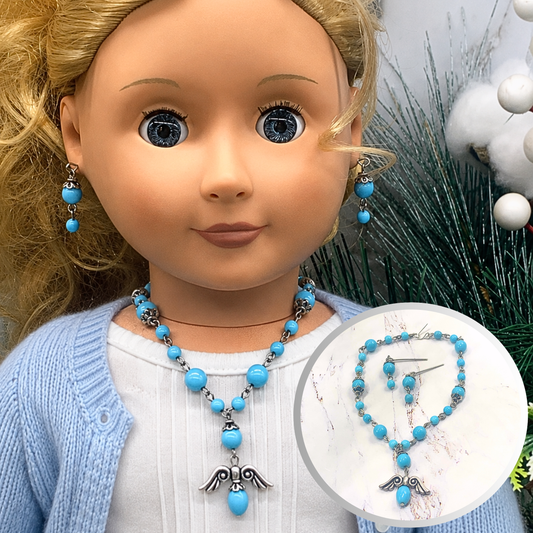 Blue Glass Bead Silver Angel Wings Pendant Necklace Earring Set • 18” Doll Jewelry