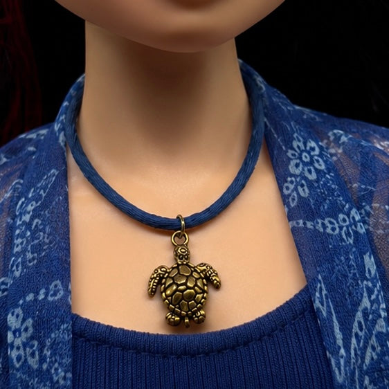 Gold Turtle Charm Blue Fabric Cord Doll Necklace • 18 Inch Fashion Doll Jewelry