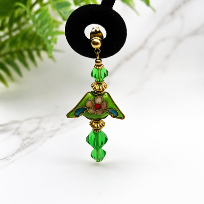 Fashion Green Crystal & Cloisonné Gold Tone Dangle Earrings - Post- Handmade