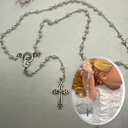 White Pearl Beaded Silver Chain & Cross • Doll Size Catholic Rosary for 18-22” Fashion or Vintage Dolls