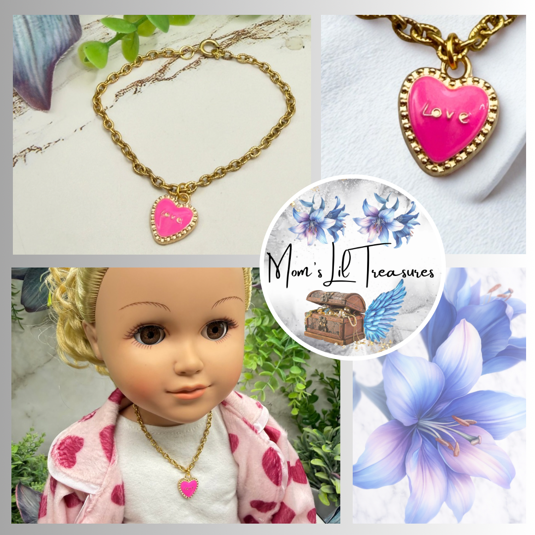 Pink LOVE Heart Charm Gold Chain Doll Necklace • 18 Inch Fashion Doll Jewelry