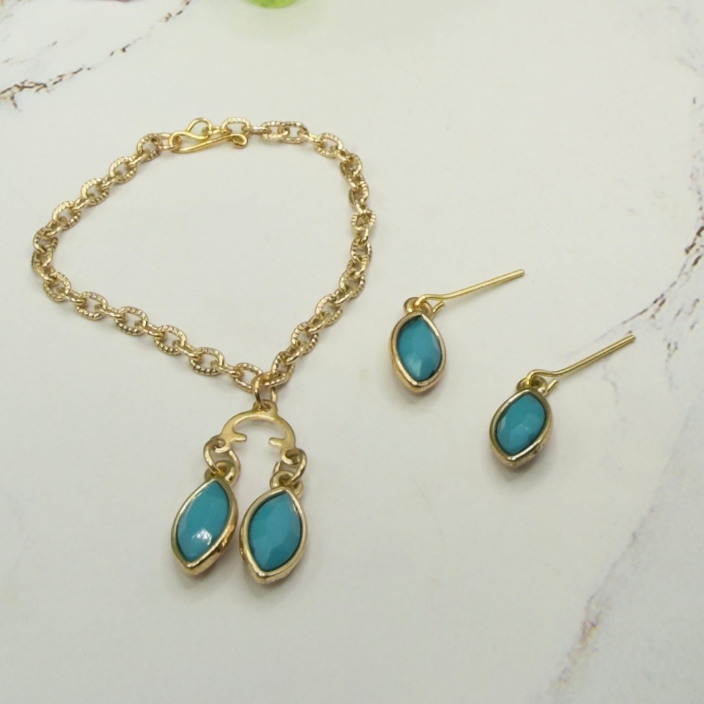 Turquoise Green Rhinestone Dual Pendant Gold Chain Dangle Doll Necklace & Earrings • 14 Inch Fashion Doll Jewelry