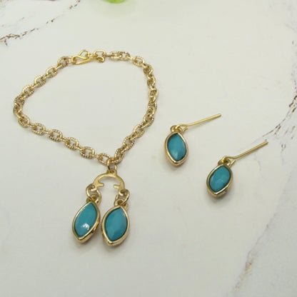 Turquoise Green Rhinestone Dual Pendant Gold Chain Dangle Doll Necklace & Earrings • 14 Inch Fashion Doll Jewelry