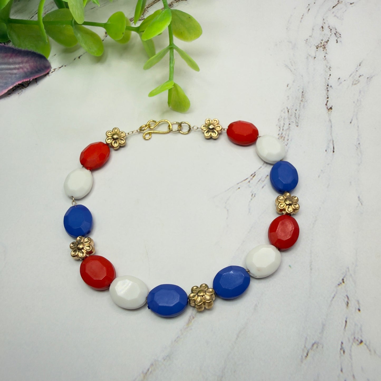 Red White Blue Beaded Gold Flower Americana Doll Necklace for 18 Inch Fashion Doll