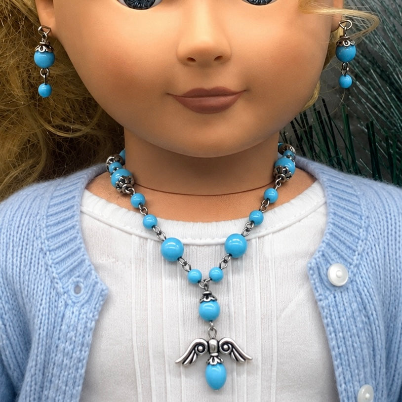 Blue Glass Bead Silver Angel Wings Pendant Necklace Earring Set • 18” Doll Jewelry