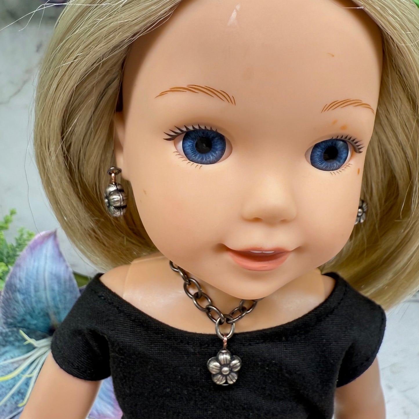 Flower Dangle Gunmetal Dark Silver Doll Necklace & Earrings • 14 Inch Fashion Doll Jewelry