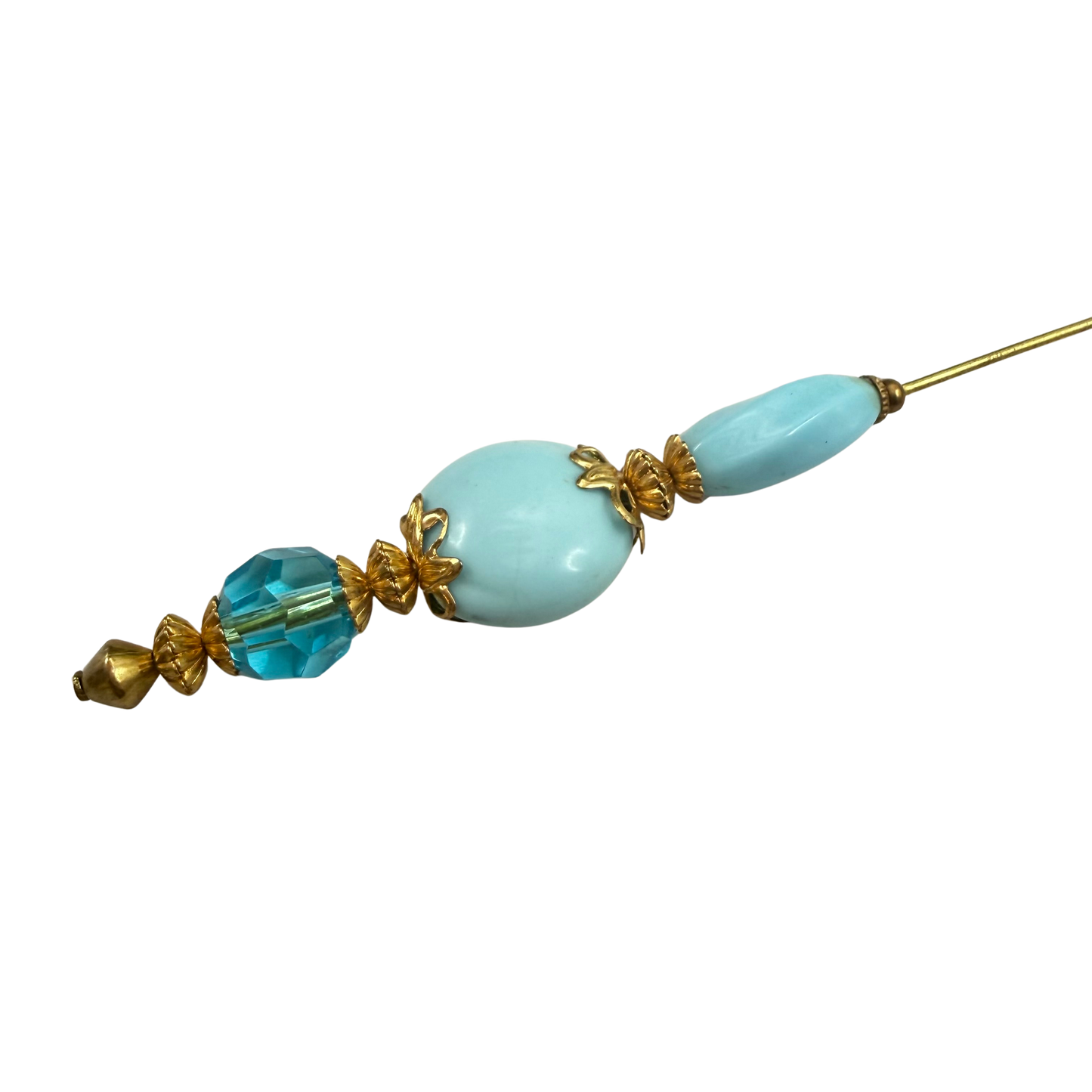 Robin’s Egg Blue Aqua Glass Bead Gold Filigree - 8 Inch Hatpin